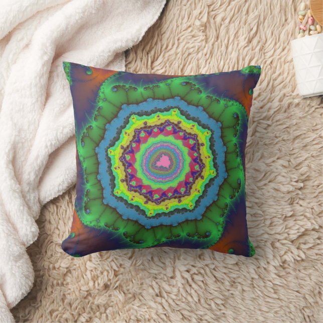 Trendy Green, Orange and Blue Fractal Throw Pillow (Blanket)