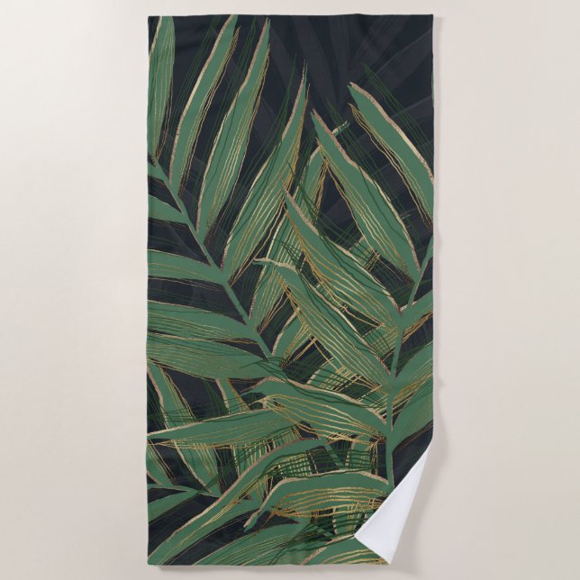 Trendy Green Palm Leaves Gold Strokes Gray Design Beach Towel (Front)