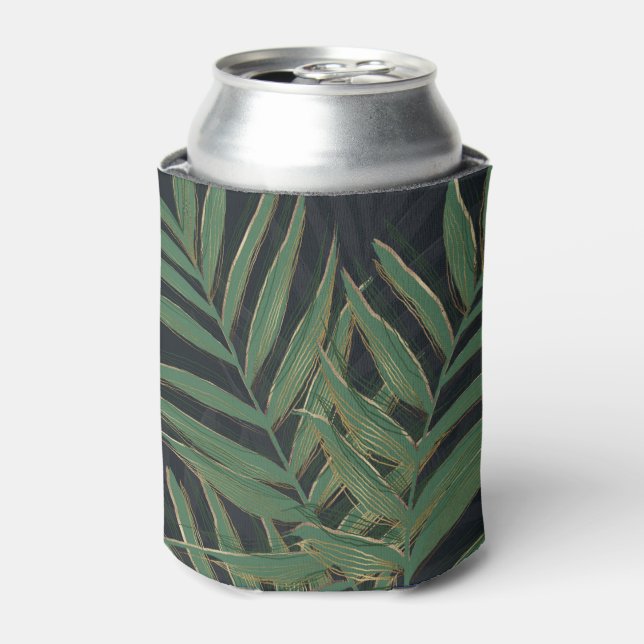 Trendy Green Palm Leaves Gold Strokes Gray Design Can Cooler (Can Front)