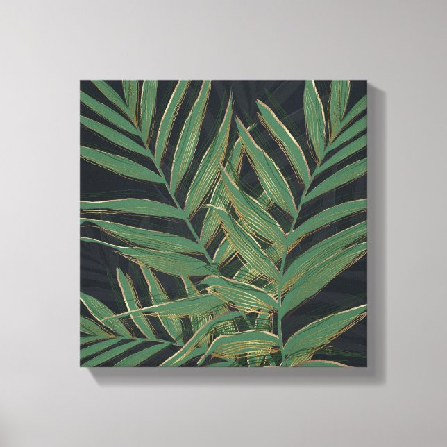 Trendy Green Palm Leaves Gold Strokes Gray Design Canvas Print (Front)