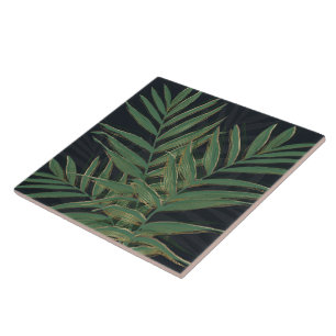 Trendy Green Palm Leaves Gold Strokes Gray Design Ceramic Tile