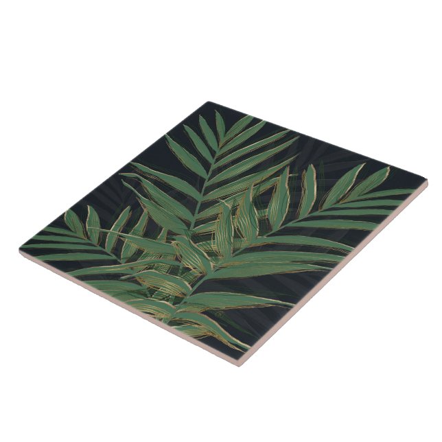 Trendy Green Palm Leaves Gold Strokes Gray Design Ceramic Tile (Side)