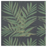 Trendy Green Palm Leaves Gold Strokes Gray Design Fabric