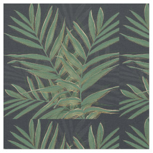 Trendy Green Palm Leaves Gold Strokes Gray Design Fabric