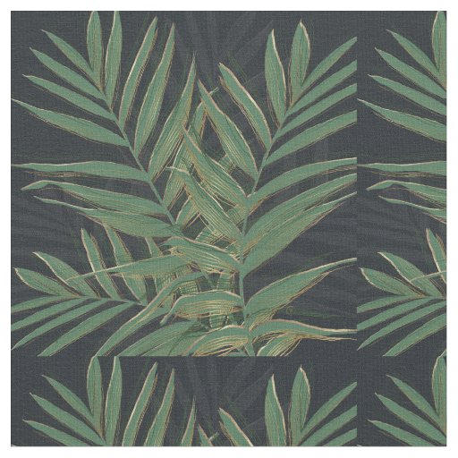 Trendy Green Palm Leaves Gold Strokes Gray Design Fabric
