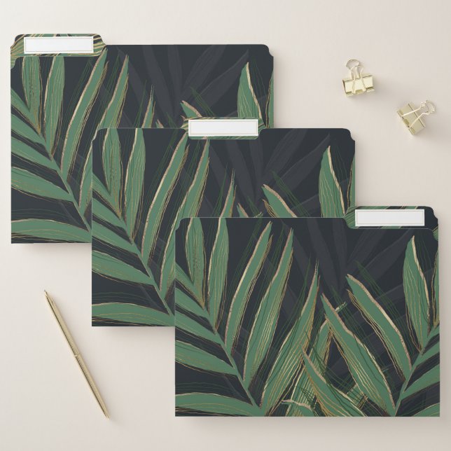 Trendy Green Palm Leaves Gold Strokes Gray Design File Folder (Set)