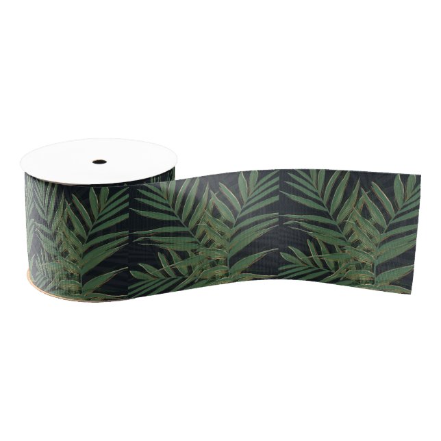Trendy Green Palm Leaves Gold Strokes Gray Design Grosgrain Ribbon (Spool)