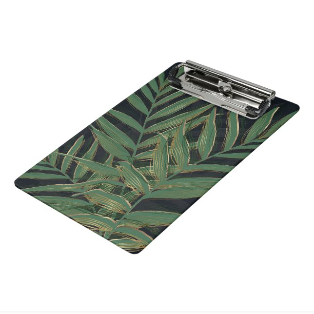 Trendy Green Palm Leaves Gold Strokes Gray Design Mini Clipboard (Angled3)