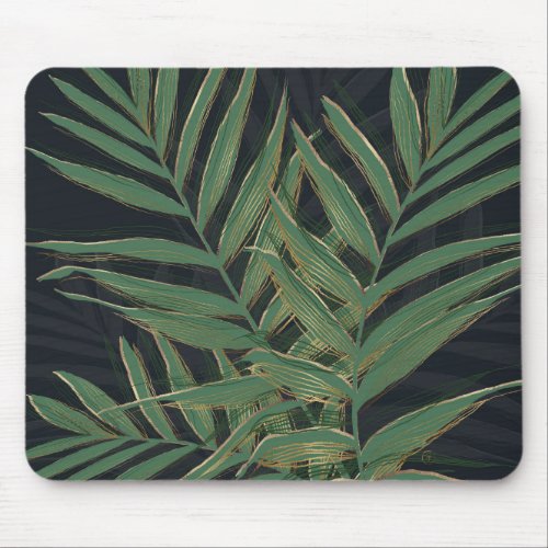 Trendy Green Palm Leaves Gold Strokes Gray Design Mouse Pad