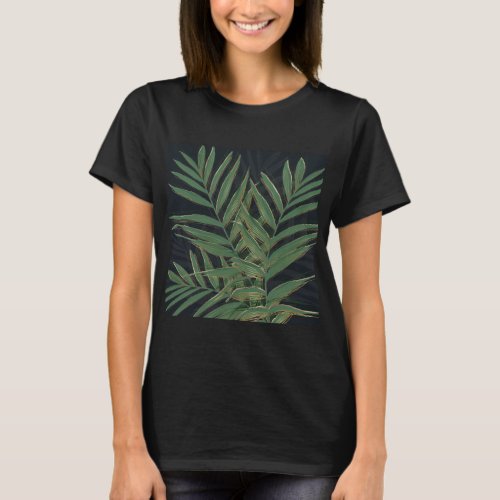 Trendy Green Palm Leaves Gold Strokes Gray Design T_Shirt