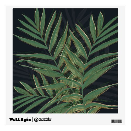 Trendy Green Palm Leaves Gold Strokes Gray Design Wall Decal