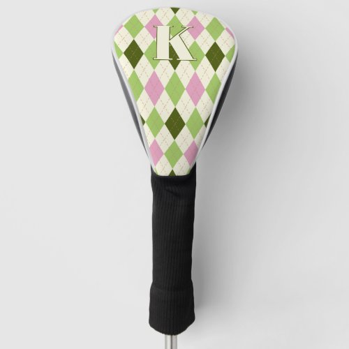 Trendy Green  Pink Argyle Pattern Modern Monogram Golf Head Cover