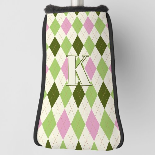 Trendy Green  Pink Argyle Pattern Modern Monogram Golf Head Cover