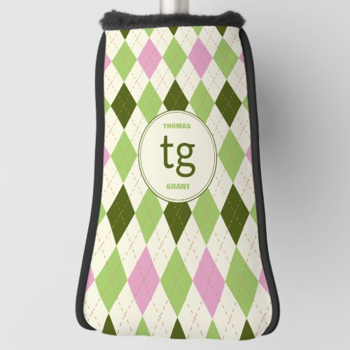 Trendy Green  Pink Argyle Pattern Modern Monogram Golf Head Cover