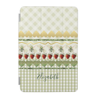 Trendy Green Plaid and Checks Bees Heart Gold Name iPad Mini Cover