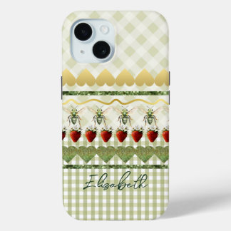 Trendy Green Plaid and Checks Bees Hearts Monogram iPhone 15 Case