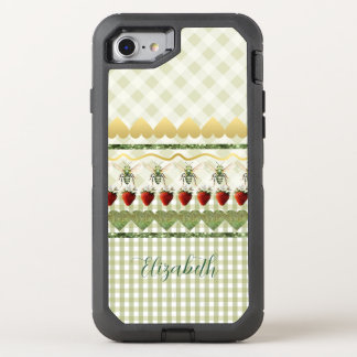 Trendy Green Plaid Checks Bees Hearts Gold Name OtterBox Defender iPhone SE/8/7 Case