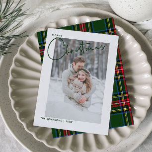 Trendy Green Plaid Merry Christmas Script Photo Holiday Card