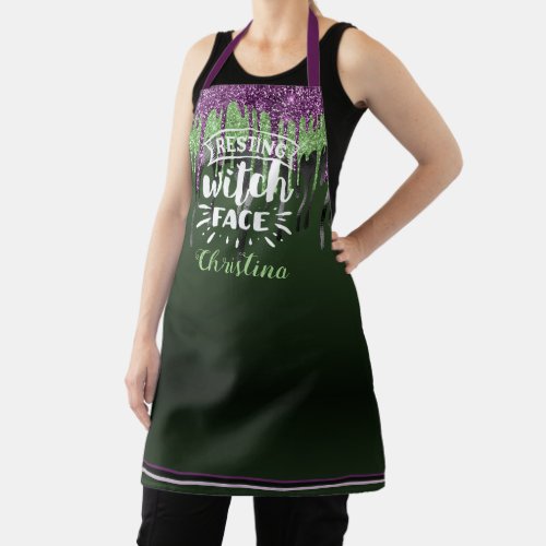 Trendy green purple glam dripping Halloween witch Apron