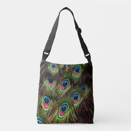 trendy green purple teal turquoise peacock feather crossbody bag