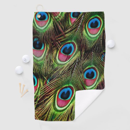 trendy green purple teal turquoise peacock feather golf towel