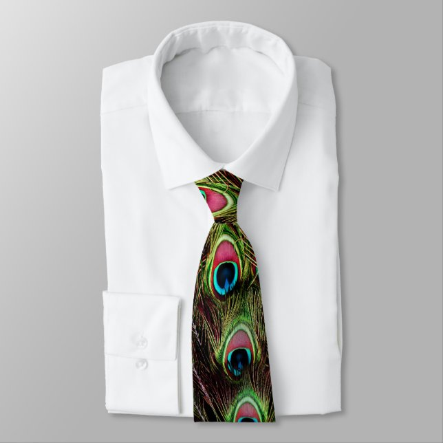 trendy green purple teal turquoise peacock feather neck tie (Tied)