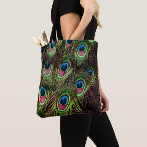 trendy green purple teal turquoise peacock feather tote bag