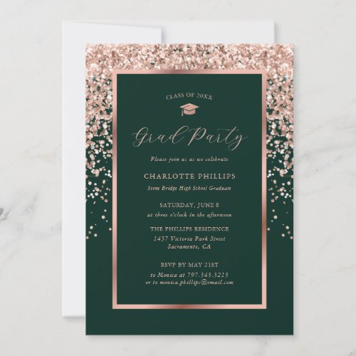 Trendy Green Rose Gold Photo Graduation Party Invitation