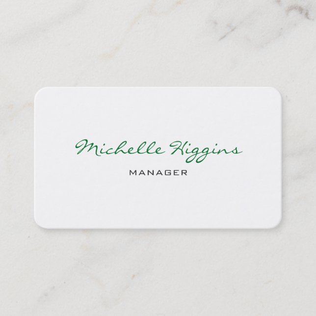Trendy Green Script White Manager Plain Elegant Business Card (Front)