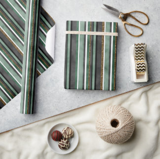 Trendy Green Stripe & Gold Glitter Christmas Yule Wrapping Paper