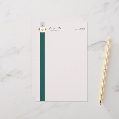 Trendy Green Stripes Gold Logo Stationery