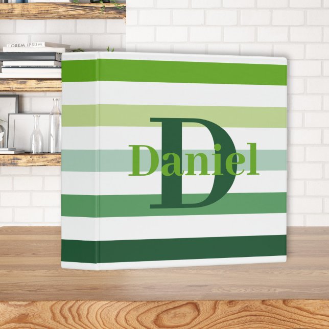 Trendy Green Stripes Monogram 3 Ring Binder (Creator Uploaded)