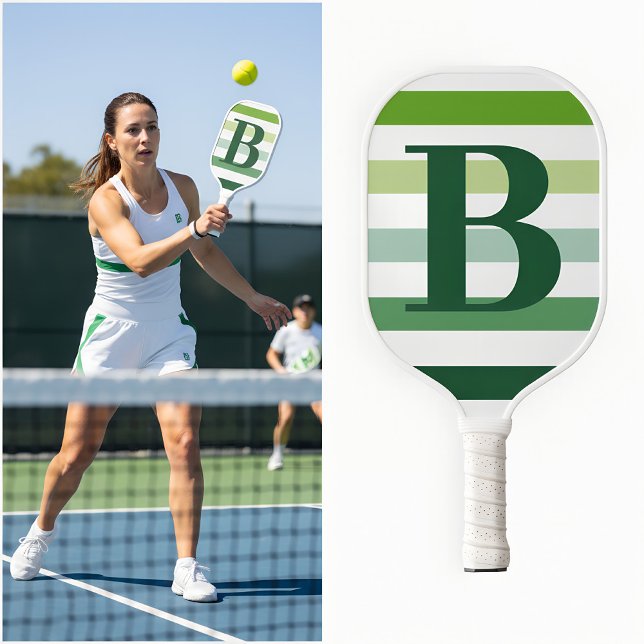 Trendy Green Stripes Monogram Pickleball Paddle (pickleball paddle with monogram)