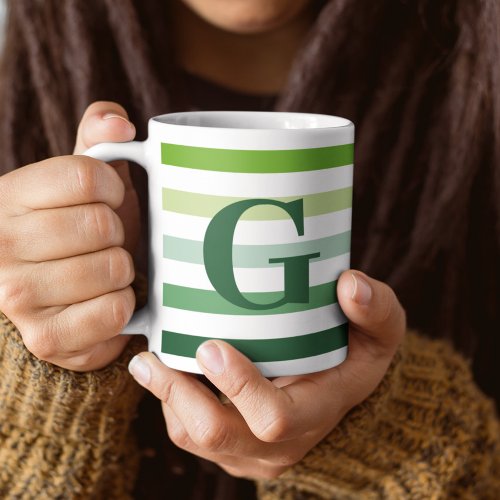 Trendy Green Stripes with Monogram Coffee Mug