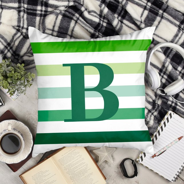 Trendy Green Stripes with Monogram Throw Pillow (Creator Uploaded)