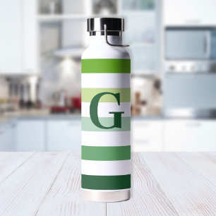 Trendy Green Stripes with Monogram Water Bottle