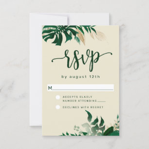 Trendy Green Tropical Foliage Modern Wedding RSVP Card