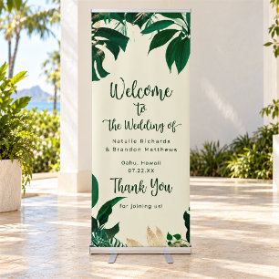 Trendy Green Tropical Foliage Wedding Welcome Retractable Banner