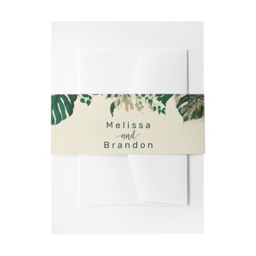 Trendy Green Tropical Leaves with Names Wedding Invitation Belly Band
