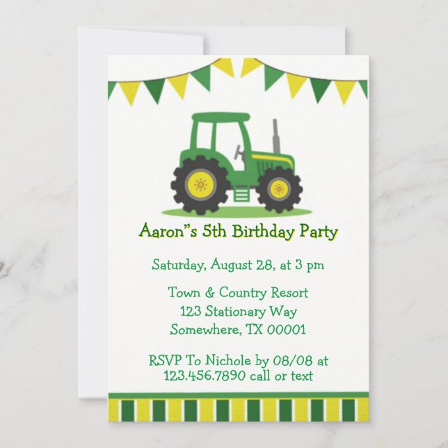 Trendy Green Yellow Tractor Boy Birthday Party Invitation (Front)