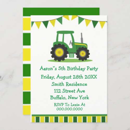 Trendy Green Yellow Tractor Boy Birthday Party Invitation