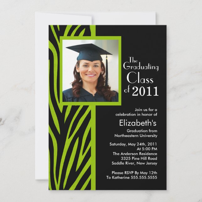 Trendy Green Zebra Photo Graduation Invitation (Front)