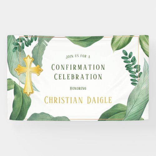 Trendy Greenery And Gold Cross Confirmation Banner