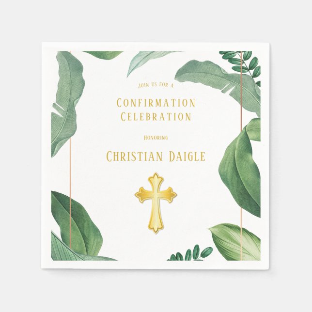 Trendy Greenery And Gold Cross Confirmation Napkins (Front)