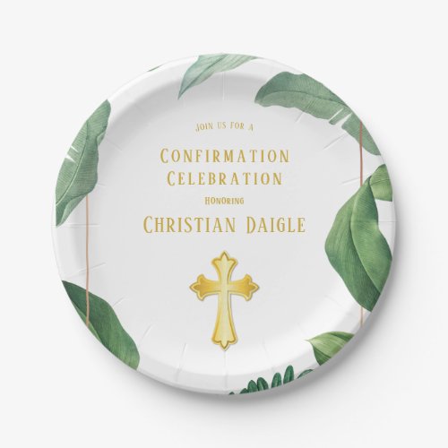 Trendy Greenery And Gold Cross Confirmation Paper Plates