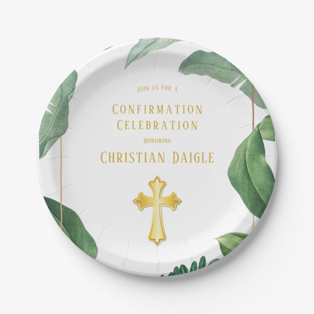 Trendy Greenery And Gold Cross Confirmation Paper Plates (Front)