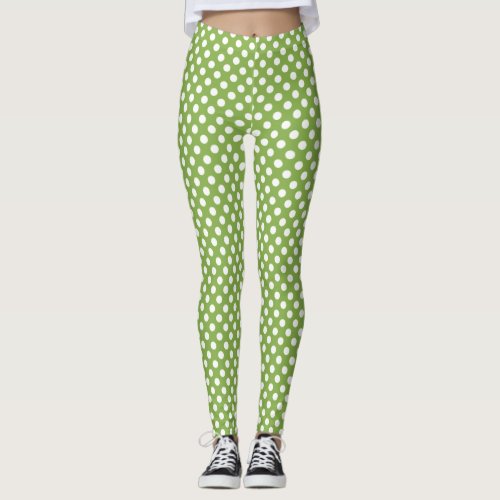 Trendy Greenery and White polka dots pattern Leggings