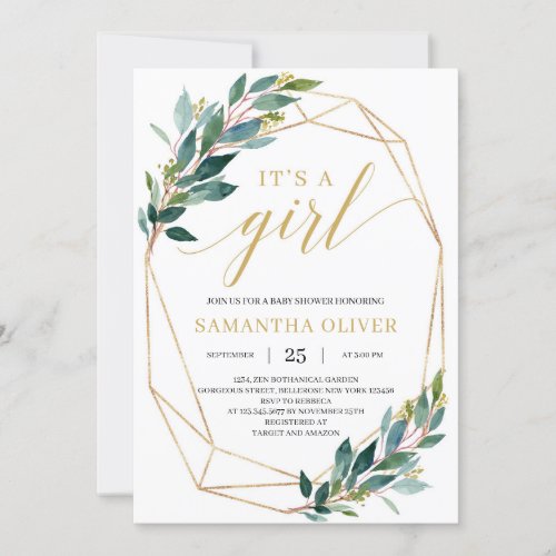 Trendy greenery eucalyptus leaves gold its a girl invitation