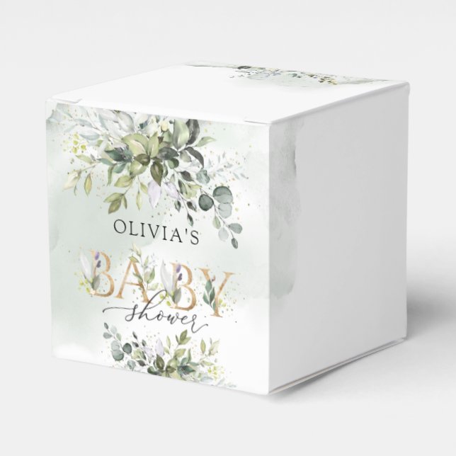 Trendy greenery foliage gold letters baby shower favor boxes (Front Side)