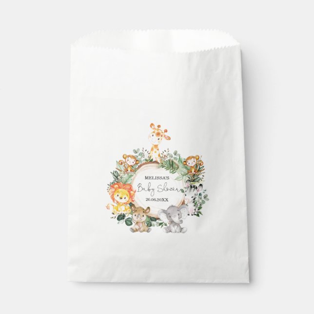 Trendy Greenery Jungle Safari Animals Baby Shower Favor Bag (Front)